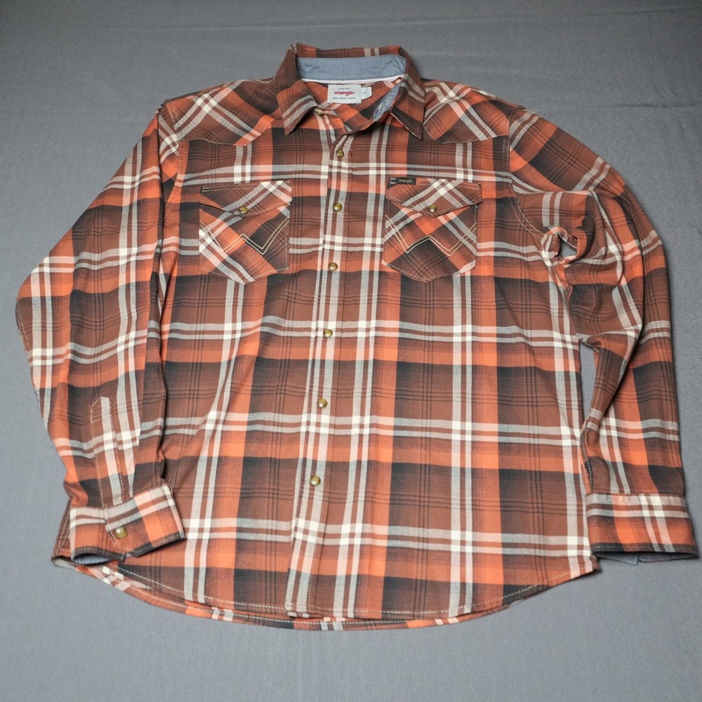 Wrangler Western Shirt Mens Large Orange Brown Plaid Pearl Snap Long Sleeve